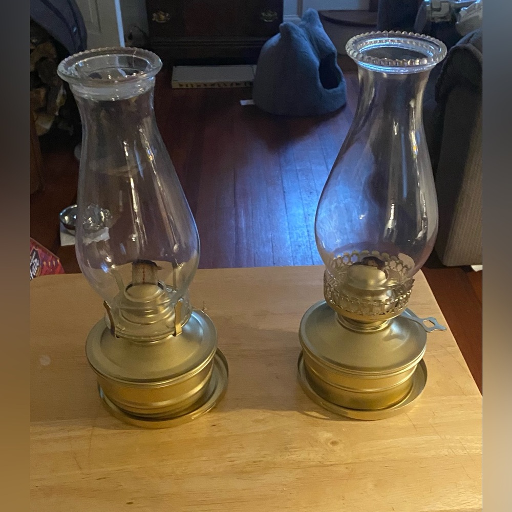 Refurbished Gold Hurricane Lantern Set. Not identical